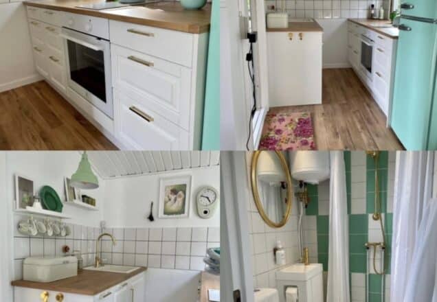 Køkken i kolonihave med hvidt skabe, træbord og grønne detaljer.
