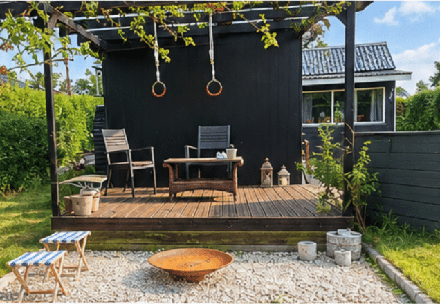 Udendørs kolonihave med træterrasse, hængekøje og grønne omgivelser.